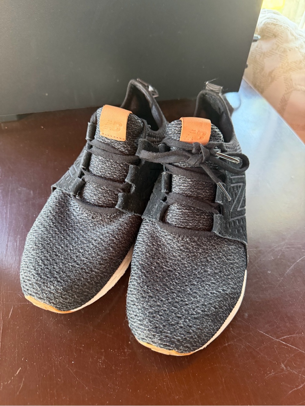 New Balance Black Knit Sneakers with Tan Leather Tongue Tabs